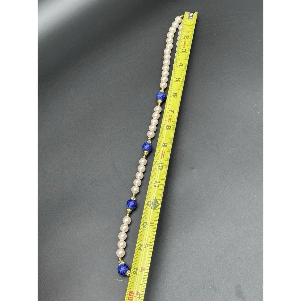 Lapis‎ Lazuli and pearl long beaded yellow gold plated vintage elegant necklace